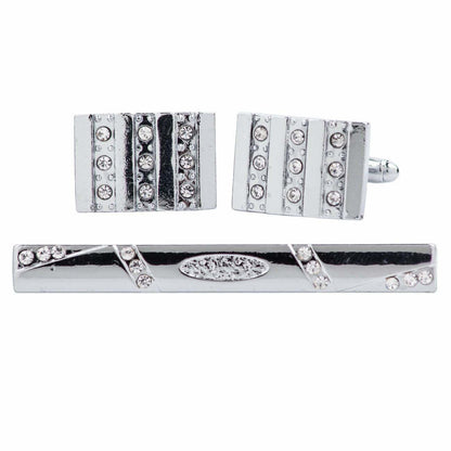 Vittorio Vico Silver Rhinestone Cufflink & Tie Bar Set in Gift Box - CR-074 - Cufflink & Tiebar Set - Vittorio Vico