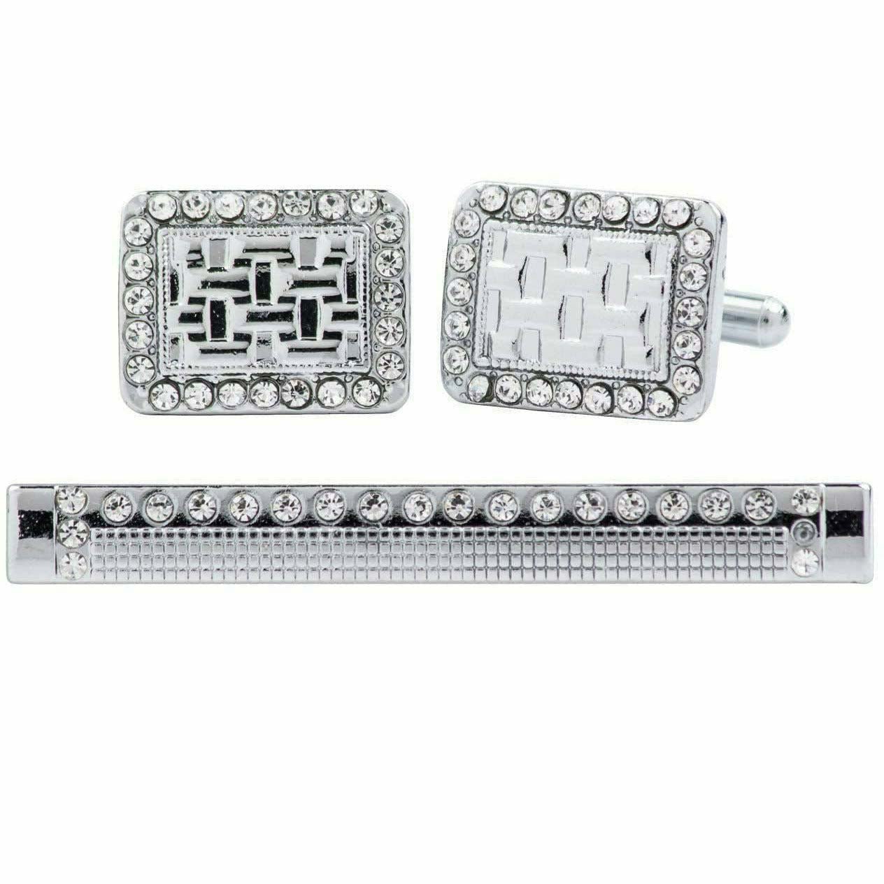 Vittorio Vico Silver Rhinestone Cufflink & Tie Bar Set in Gift Box - CR-076 - Cufflink & Tiebar Set - Vittorio Vico