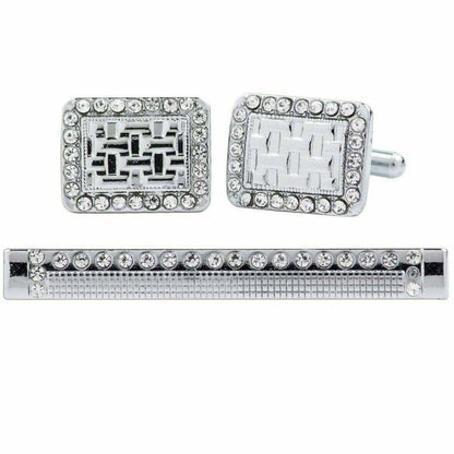 Vittorio Vico Silver Rhinestone Cufflink & Tie Bar Set in Gift Box - CR-076 - Cufflink & Tiebar Set - Vittorio Vico