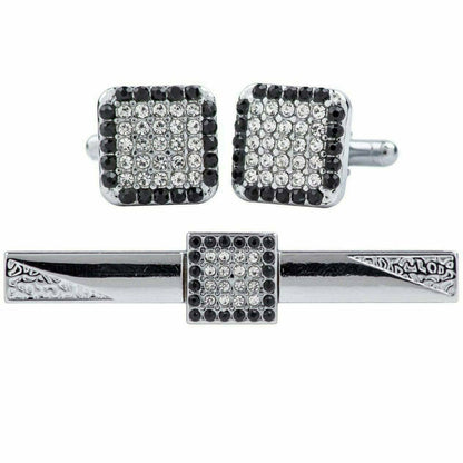 Vittorio Vico Silver Rhinestone Cufflink & Tie Bar Set in Gift Box - CR-077 - Cufflink & Tiebar Set - Vittorio Vico