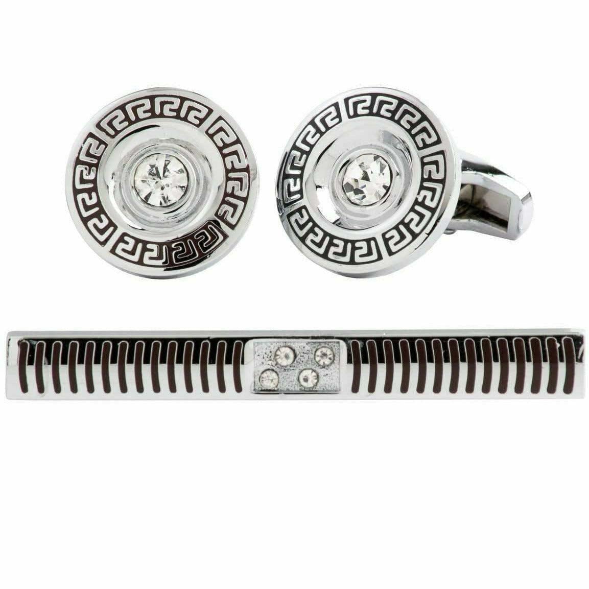 Vittorio Vico Silver Rhinestone Cufflink & Tie Bar Set in Gift Box - CR-081 - Cufflink & Tiebar Set - Vittorio Vico
