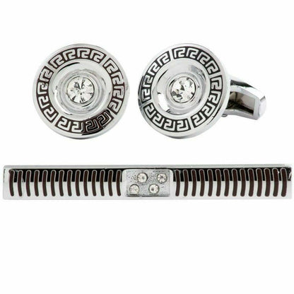 Vittorio Vico Silver Rhinestone Cufflink & Tie Bar Set in Gift Box - CR-081 - Cufflink & Tiebar Set - Vittorio Vico