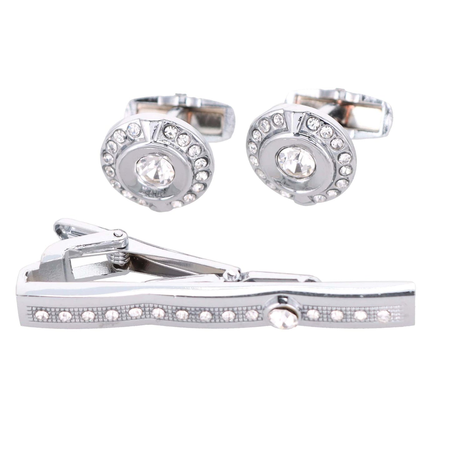 Vittorio Vico Silver Rhinestone Cufflink & Tie Bar Set in Gift Box - CR-083 - Cufflink & Tiebar Set - Vittorio Vico