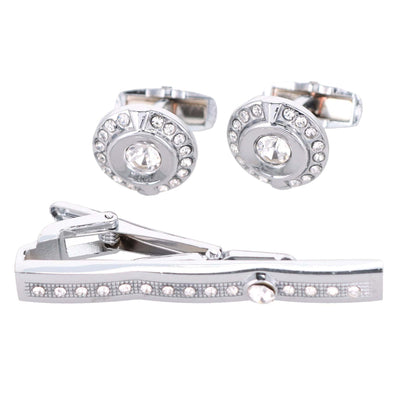 Vittorio Vico Silver Rhinestone Cufflink & Tie Bar Set in Gift Box - CR-083 - Cufflink & Tiebar Set - Vittorio Vico