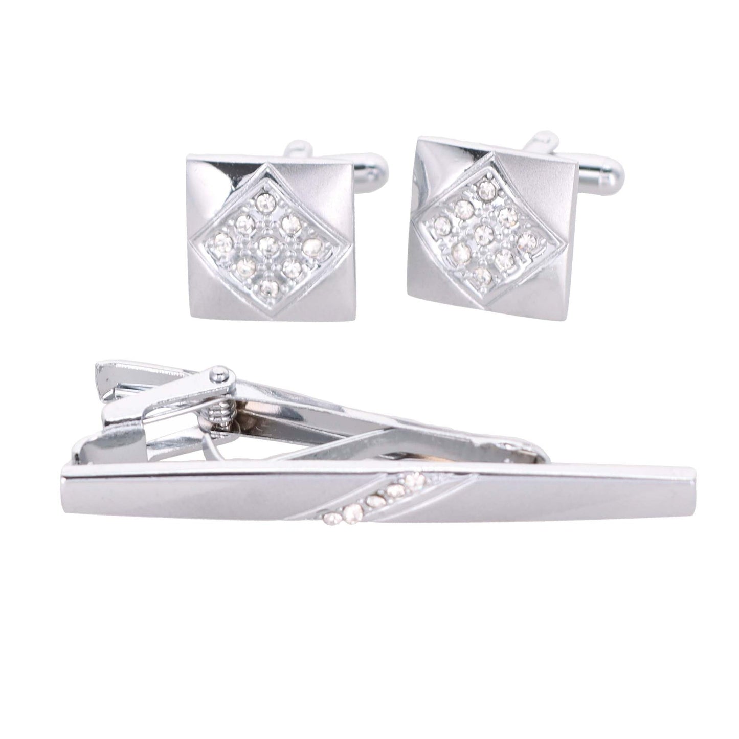 Vittorio Vico Silver Rhinestone Cufflink & Tie Bar Set in Gift Box - CR-085 - Cufflink & Tiebar Set - Vittorio Vico
