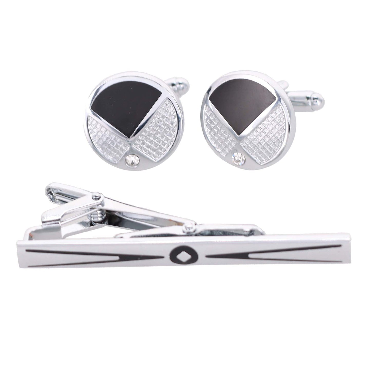 Vittorio Vico Silver Rhinestone Cufflink & Tie Bar Set in Gift Box - CR-088 - Cufflink & Tiebar Set - Vittorio Vico