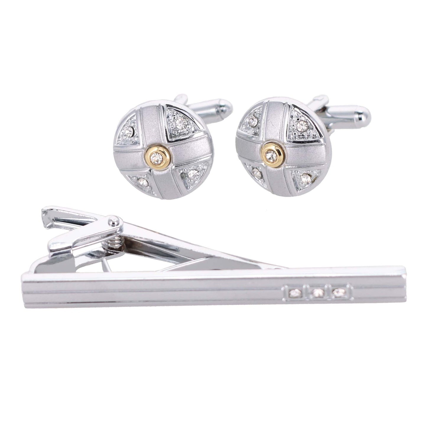 Vittorio Vico Silver Rhinestone Cufflink & Tie Bar Set in Gift Box - CR-089 - Cufflink & Tiebar Set - Vittorio Vico