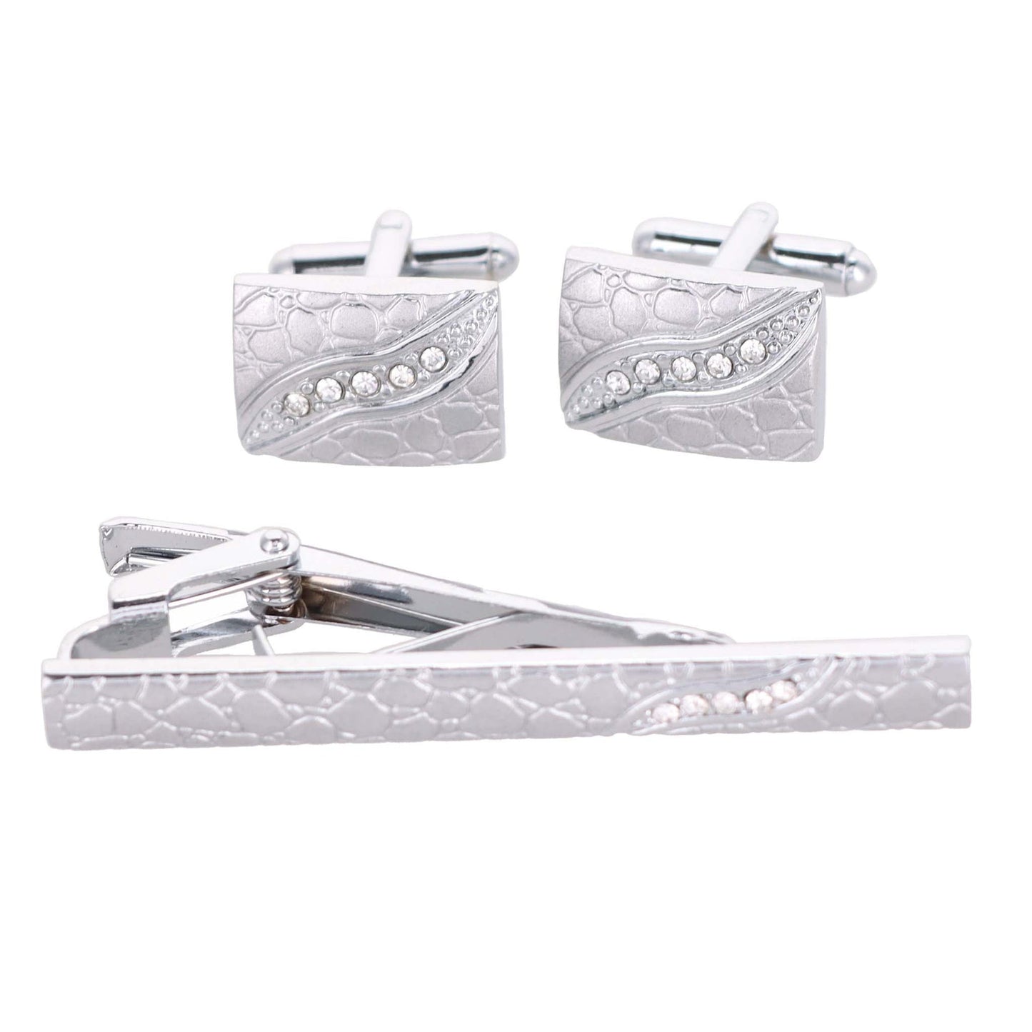 Vittorio Vico Silver Rhinestone Cufflink & Tie Bar Set in Gift Box - CR-090 - Cufflink & Tiebar Set - Vittorio Vico