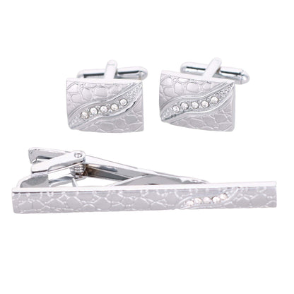 Vittorio Vico Silver Rhinestone Cufflink & Tie Bar Set in Gift Box - CR-090 - Cufflink & Tiebar Set - Vittorio Vico