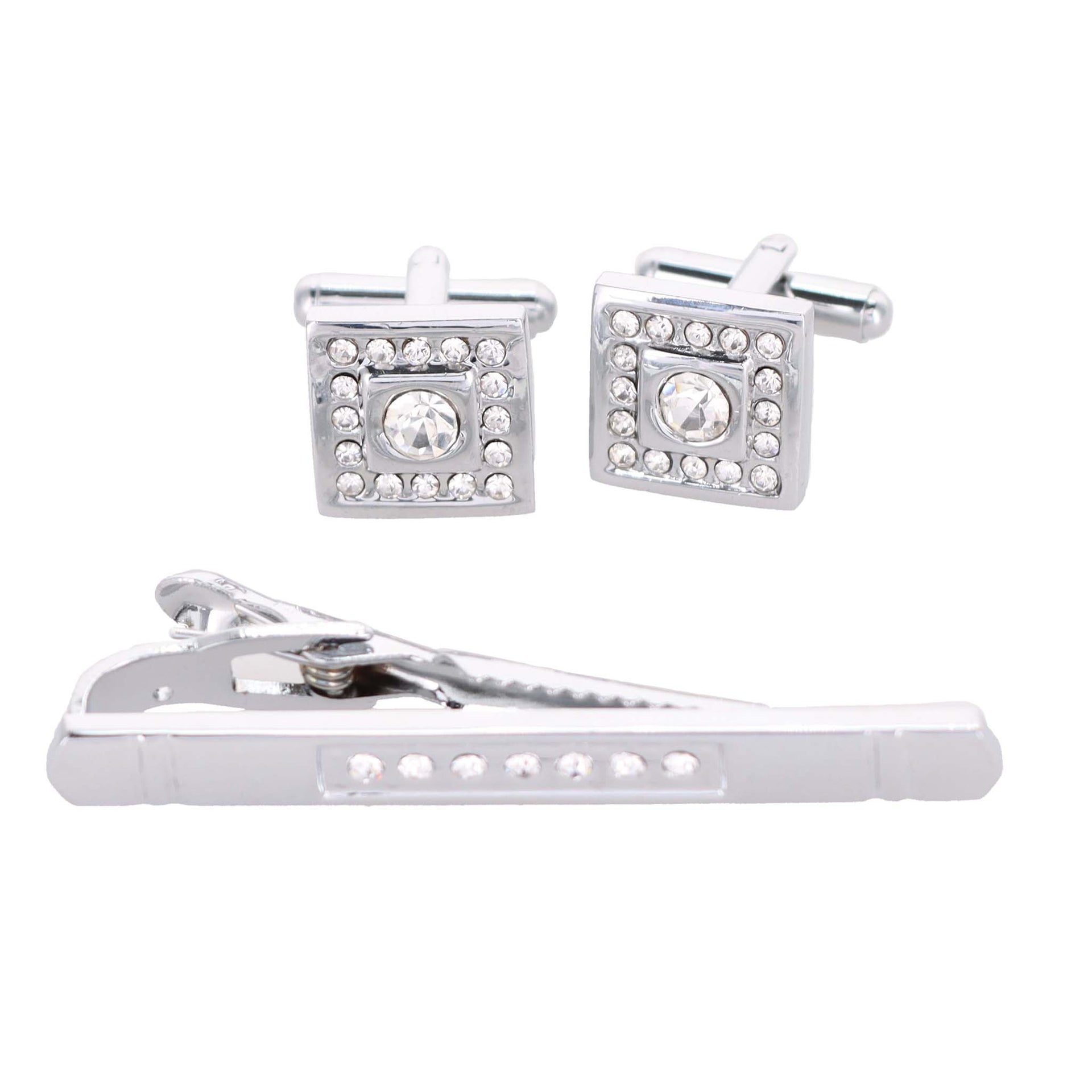 Vittorio Vico Silver Rhinestone Cufflink & Tie Bar Set in Gift Box - CR-091 - Cufflink & Tiebar Set - Vittorio Vico