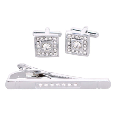 Vittorio Vico Silver Rhinestone Cufflink & Tie Bar Set in Gift Box - CR-091 - Cufflink & Tiebar Set - Vittorio Vico