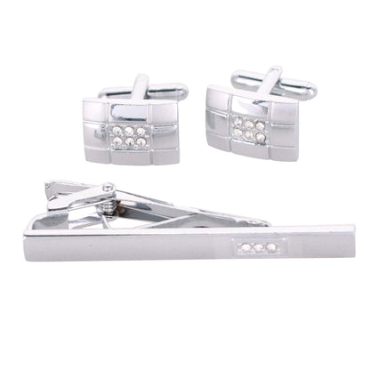 Vittorio Vico Silver Rhinestone Cufflink & Tie Bar Set in Gift Box - CR-091 - Cufflink & Tiebar Set - Vittorio Vico