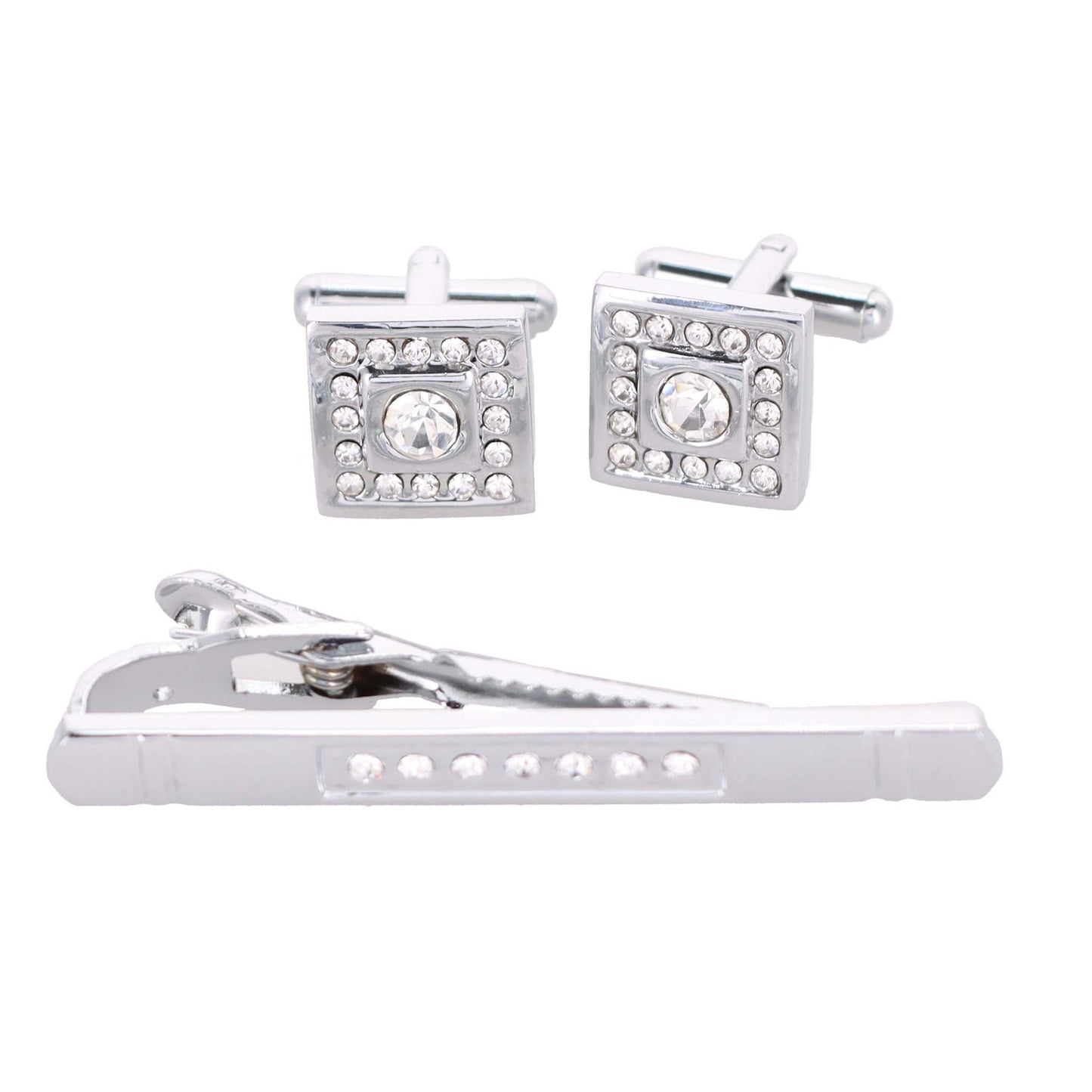 Vittorio Vico Silver Rhinestone Cufflink & Tie Bar Set in Gift Box - CR-092 - Cufflink & Tiebar Set - Vittorio Vico