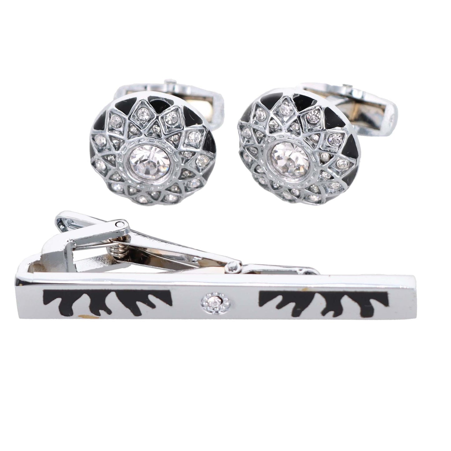 Vittorio Vico Silver Rhinestone Cufflink & Tie Bar Set in Gift Box - Silver - Cufflink & Tiebar Set - Vittorio Vico