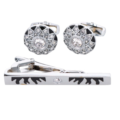 Vittorio Vico Silver Rhinestone Cufflink & Tie Bar Set in Gift Box - Silver - Cufflink & Tiebar Set - Vittorio Vico