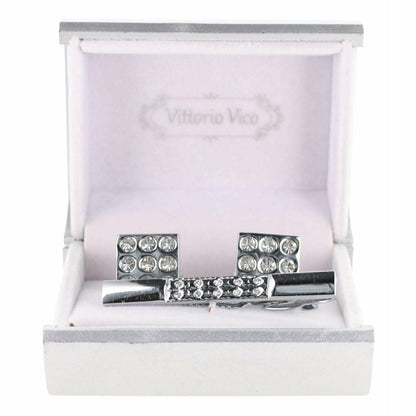 Vittorio Vico Silver Rhinestone Cufflink & Tie Bar Set in Gift Box - Silver - Cufflink & Tiebar Set - Vittorio Vico