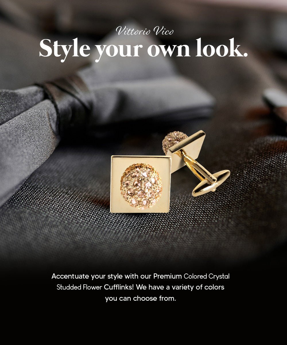 Vittorio Vico Studded Colorstone Crystal Flower Cufflinks: CL12XX Series - Beige and Gold - Cufflinks - Vittorio Vico