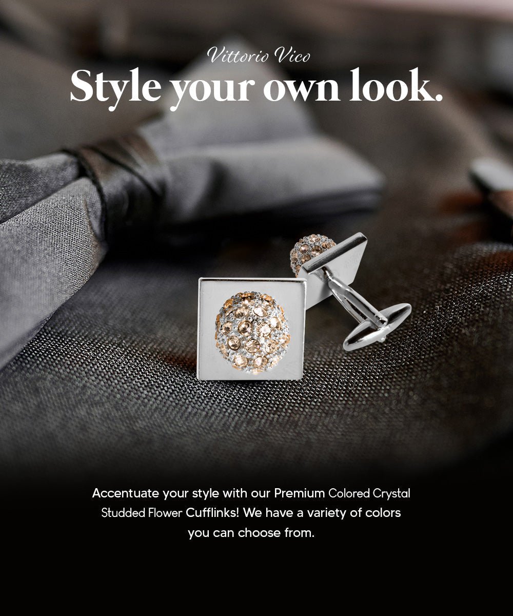 Vittorio Vico Studded Colorstone Crystal Flower Cufflinks: CL12XX Series - Beige and Silver - Cufflinks - Vittorio Vico