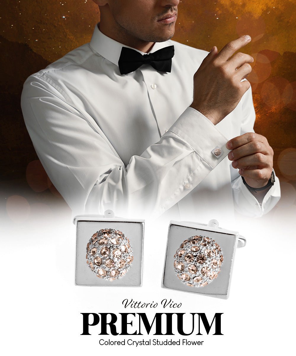 Vittorio Vico Studded Colorstone Crystal Flower Cufflinks: CL12XX Series - Beige and Silver - Cufflinks - Vittorio Vico