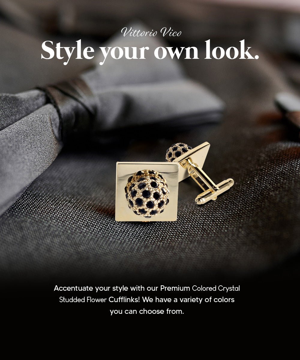 Vittorio Vico Studded Colorstone Crystal Flower Cufflinks: CL12XX Series - Black and Gold - Cufflinks - Vittorio Vico
