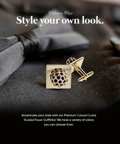 Vittorio Vico Studded Colorstone Crystal Flower Cufflinks: CL12XX Series - Black and Gold - Cufflinks - Vittorio Vico