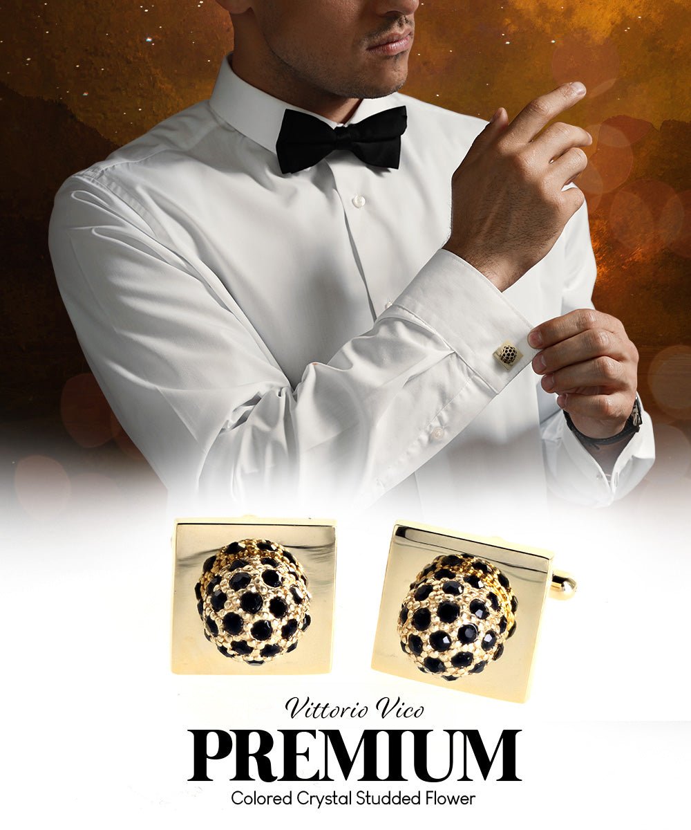 Vittorio Vico Studded Colorstone Crystal Flower Cufflinks: CL12XX Series - Black and Gold - Cufflinks - Vittorio Vico
