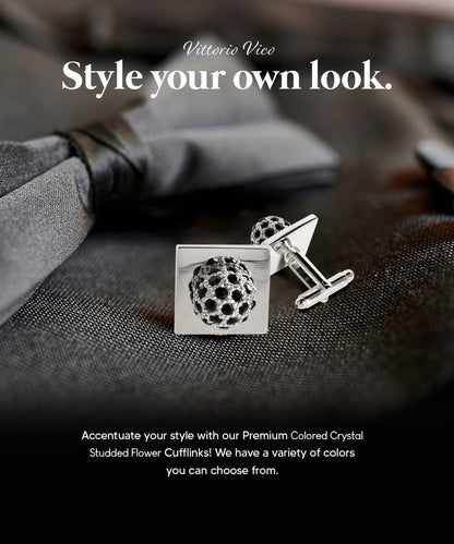 Vittorio Vico Studded Colorstone Crystal Flower Cufflinks: CL12XX Series - Black and Gold - Cufflinks - Vittorio Vico