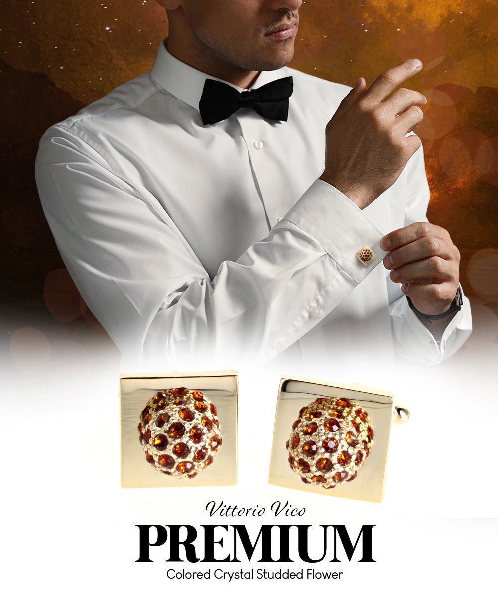 Vittorio Vico Studded Colorstone Crystal Flower Cufflinks: CL12XX Series - Brown and Gold - Cufflinks - Vittorio Vico