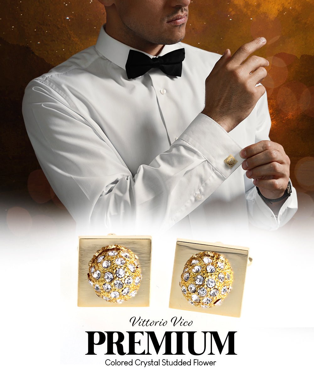 Vittorio Vico Studded Colorstone Crystal Flower Cufflinks: CL12XX Series - Clear and Gold - Cufflinks - Vittorio Vico