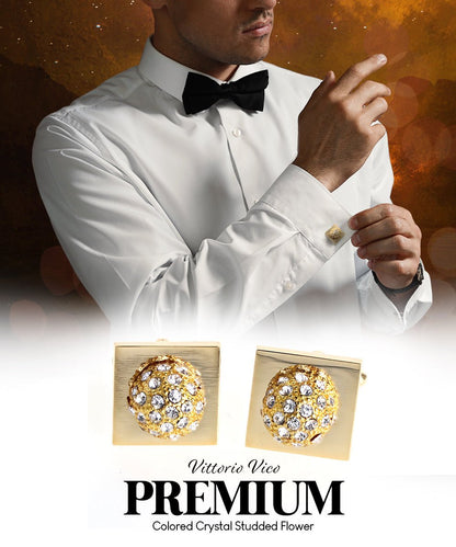 Vittorio Vico Studded Colorstone Crystal Flower Cufflinks: CL12XX Series - Clear and Gold - Cufflinks - Vittorio Vico