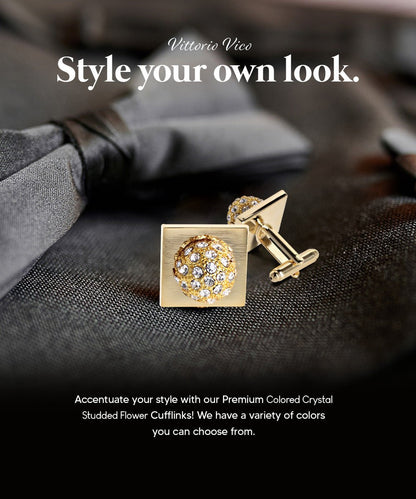 Vittorio Vico Studded Colorstone Crystal Flower Cufflinks: CL12XX Series - Clear and Gold - Cufflinks - Vittorio Vico