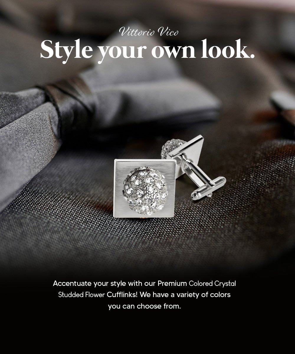 Vittorio Vico Studded Colorstone Crystal Flower Cufflinks: CL12XX Series - Clear and Silver - Cufflinks - Vittorio Vico
