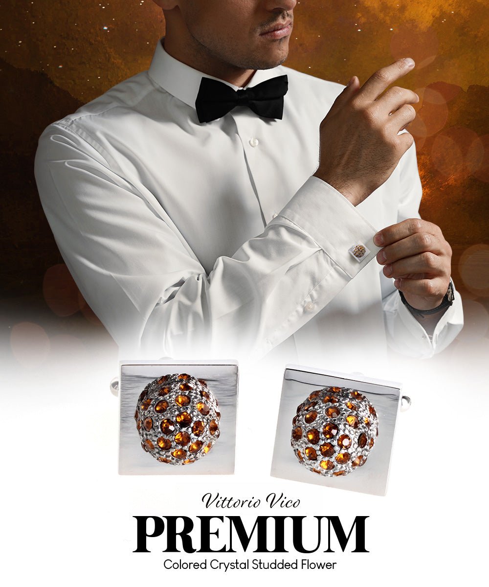 Vittorio Vico Studded Colorstone Crystal Flower Cufflinks: CL12XX Series - Orange and Gold - Cufflinks - Vittorio Vico
