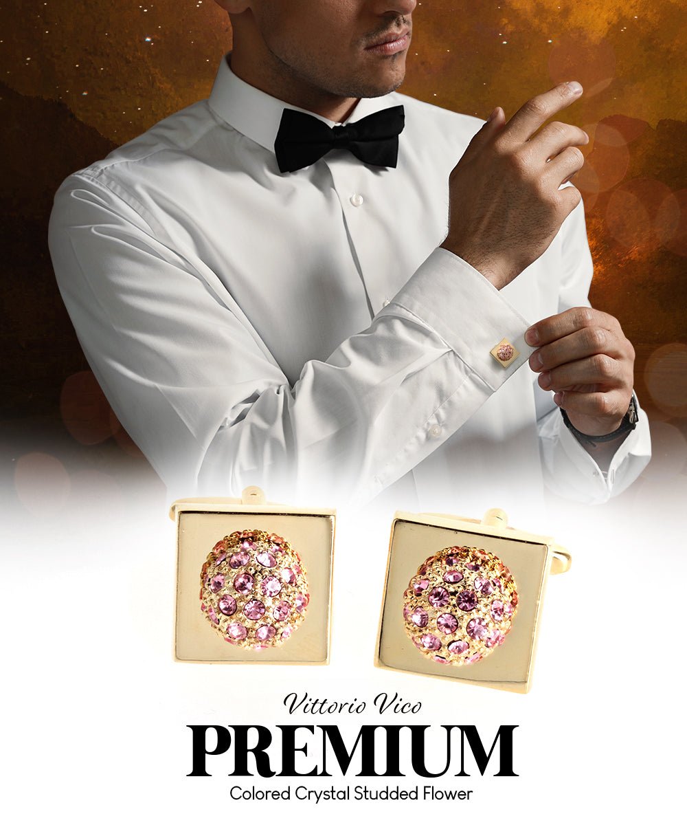 Vittorio Vico Studded Colorstone Crystal Flower Cufflinks: CL12XX Series - Pink and Gold - Cufflinks - Vittorio Vico