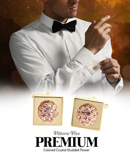 Vittorio Vico Studded Colorstone Crystal Flower Cufflinks: CL12XX Series - Pink and Gold - Cufflinks - Vittorio Vico
