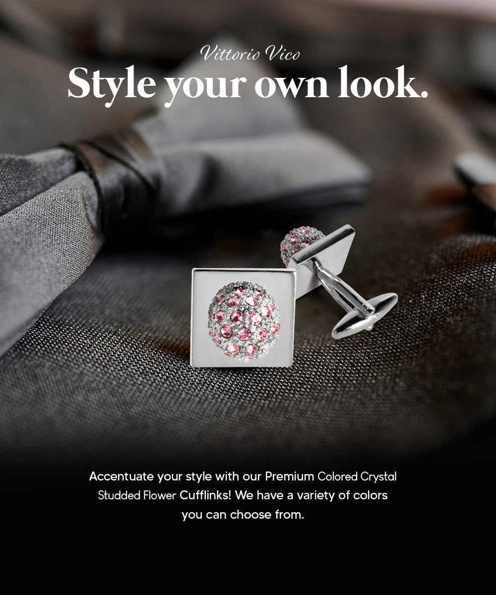 Vittorio Vico Studded Colorstone Crystal Flower Cufflinks: CL12XX Series - Pink and Silver - Cufflinks - Vittorio Vico