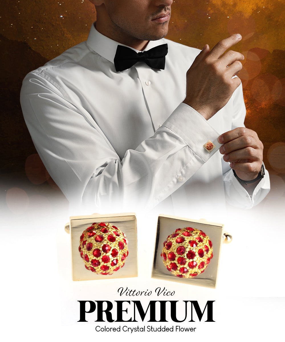 Vittorio Vico Studded Colorstone Crystal Flower Cufflinks: CL12XX Series - Red and Gold - Cufflinks - Vittorio Vico