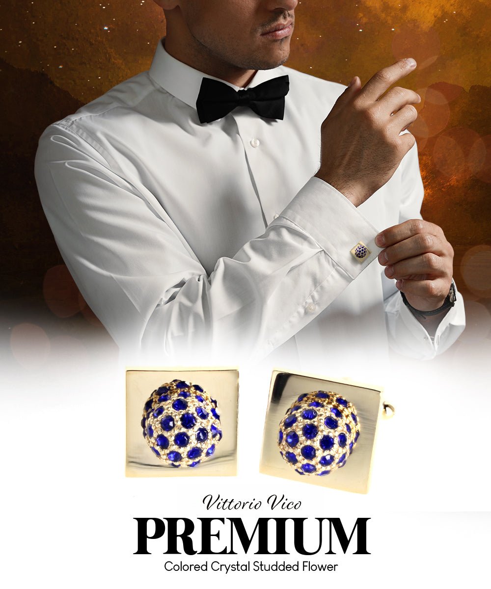 Vittorio Vico Studded Colorstone Crystal Flower Cufflinks: CL12XX Series - Royal Blue and Gold - Cufflinks - Vittorio Vico