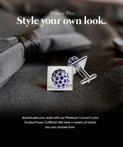 Vittorio Vico Studded Colorstone Crystal Flower Cufflinks: CL12XX Series - Clear and Silver - Cufflinks - Vittorio Vico