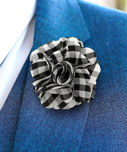 Vittorio Vico Unisex Metallic Silver Accent Plaid Flower Lapel Pin - Black and White with Silver - Flower Lapel Pin - Vittorio Vico
