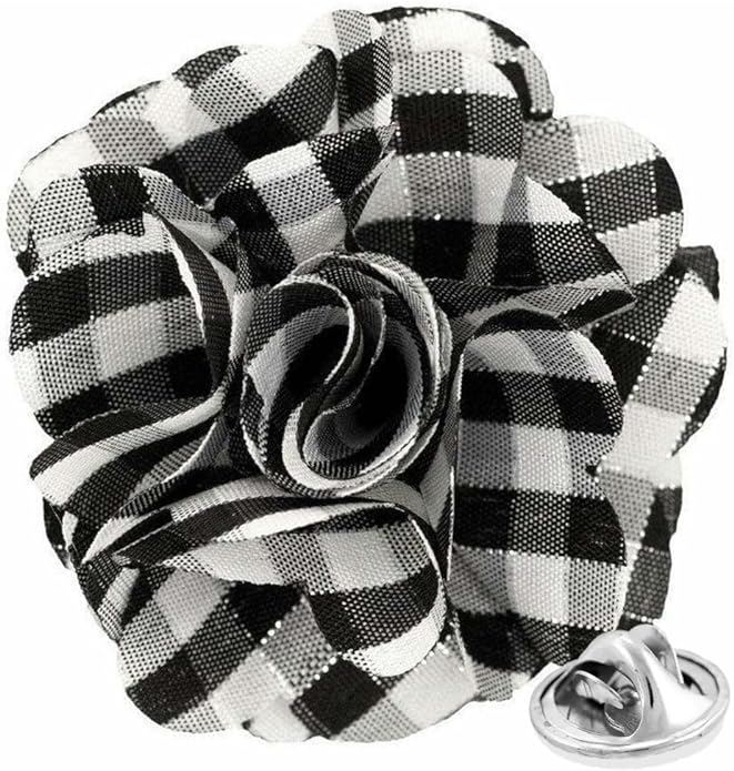 Vittorio Vico Unisex Metallic Silver Accent Plaid Flower Lapel Pin - Black and White with Silver - Flower Lapel Pin - Vittorio Vico