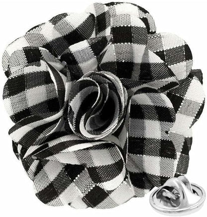 Vittorio Vico Unisex Metallic Silver Accent Plaid Flower Lapel Pin - Black and White with Silver - Flower Lapel Pin - Vittorio Vico