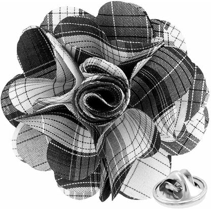 Vittorio Vico Unisex Metallic Silver Accent Plaid Flower Lapel Pin - Black - Flower Lapel Pin - Vittorio Vico