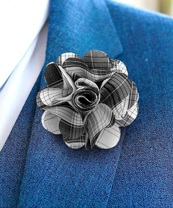 Vittorio Vico Unisex Metallic Silver Accent Plaid Flower Lapel Pin - Black - Flower Lapel Pin - Vittorio Vico