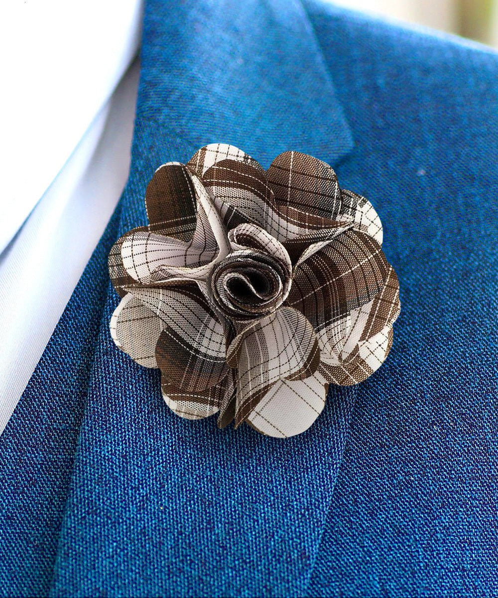 Vittorio Vico Unisex Metallic Silver Accent Plaid Flower Lapel Pin - Brown - Flower Lapel Pin - Vittorio Vico