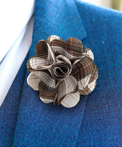 Vittorio Vico Unisex Metallic Silver Accent Plaid Flower Lapel Pin - Brown - Flower Lapel Pin - Vittorio Vico