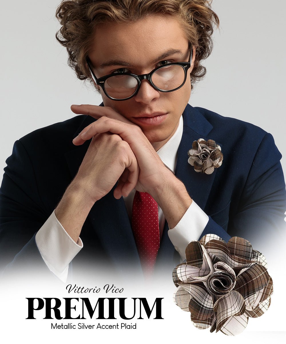 Vittorio Vico Unisex Metallic Silver Accent Plaid Flower Lapel Pin - Brown - Flower Lapel Pin - Vittorio Vico