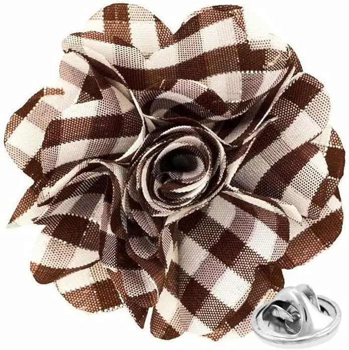 Vittorio Vico Unisex Metallic Silver Accent Plaid Flower Lapel Pin - Brown with Silver - Flower Lapel Pin - Vittorio Vico