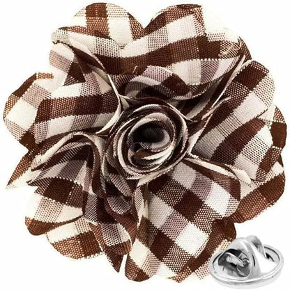 Vittorio Vico Unisex Metallic Silver Accent Plaid Flower Lapel Pin - Brown with Silver - Flower Lapel Pin - Vittorio Vico