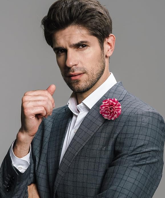 Vittorio Vico Unisex Metallic Silver Accent Plaid Flower Lapel Pin - Hot Pink with Silver - Flower Lapel Pin - Vittorio Vico